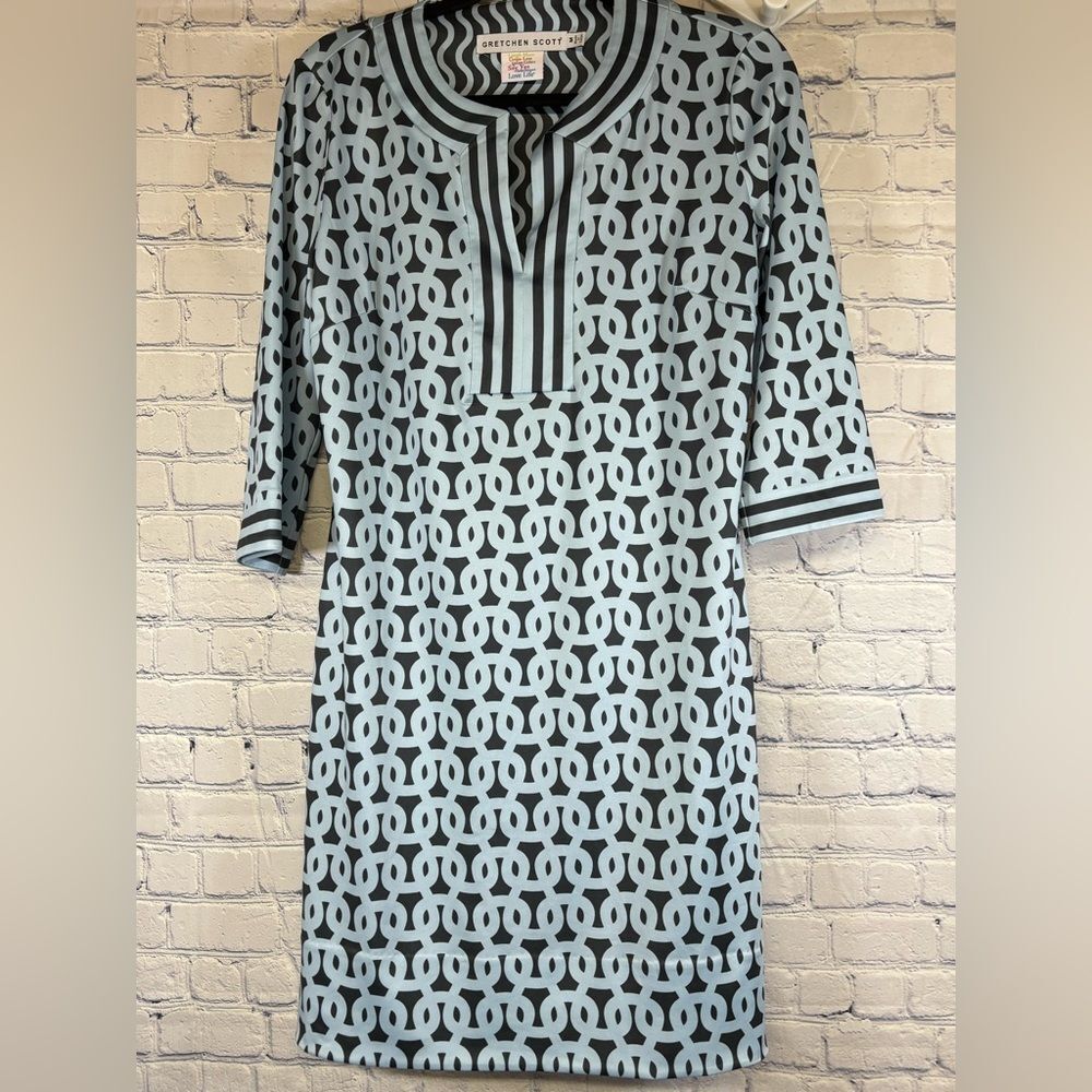 Gretchen Scott Blue Gray Loop De Lu Jersey Vacation Preppy Split Neck Dress M